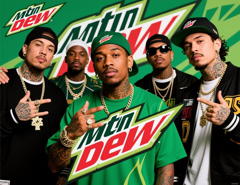 Group of tattooed hip hop artists posing for a Mountain Dew branded promotional portrait