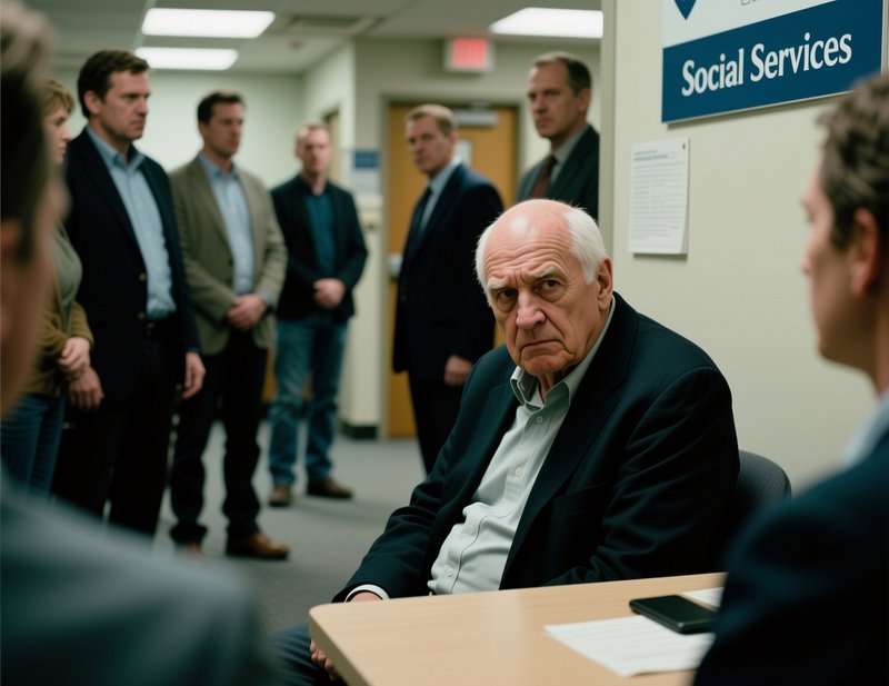 Stern elderly man sits at a table in a social services office with a group of people standing beh...