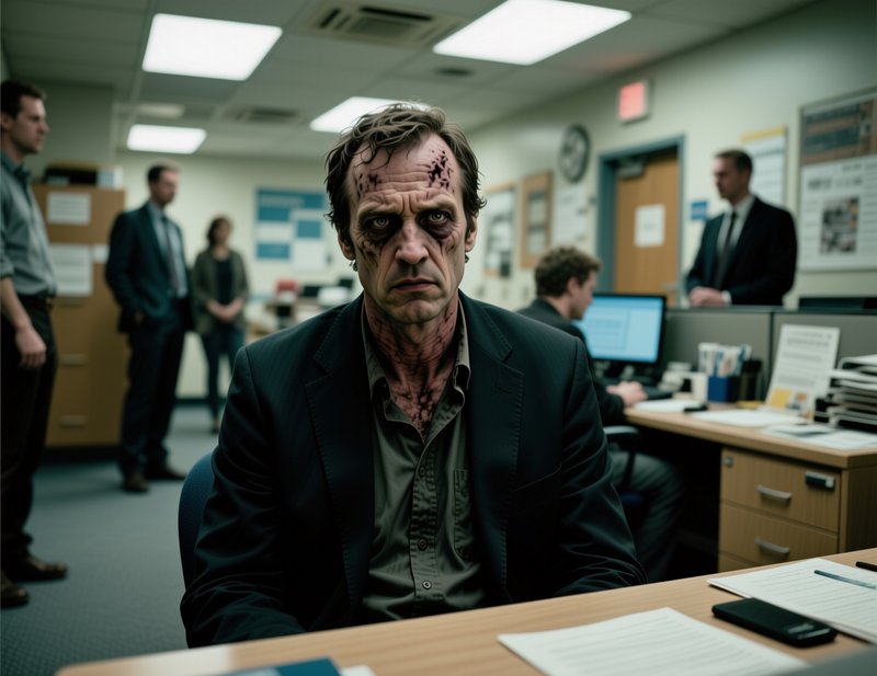 Menacing undead office worker with dark facial markings stares directly at the camera from his cu...