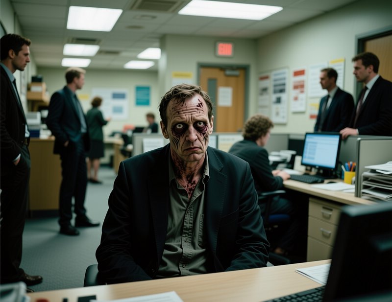Zombie-like exhausted office worker stares directly at the camera from his desk in a busy corpora...