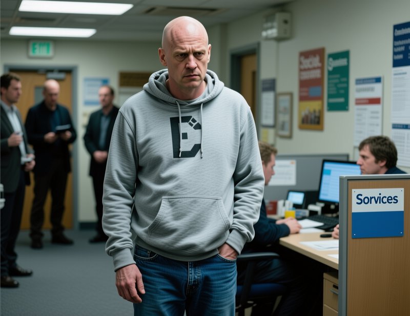Stern bald man in a grey hoodie stands in a fluorescent lit public services office