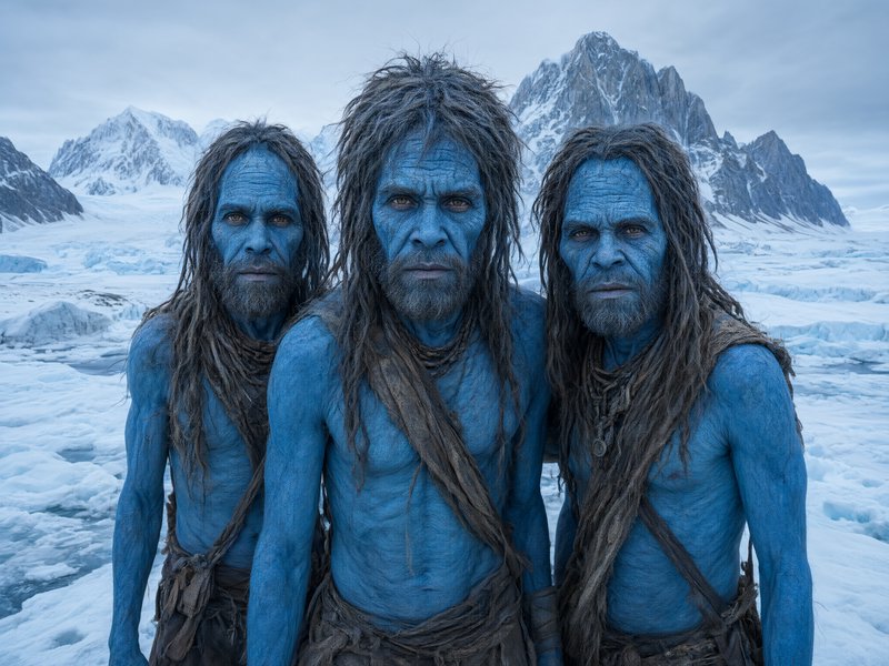 Three blue-skinned primitive men stand side by side in a frozen glacial arctic mountain landscape