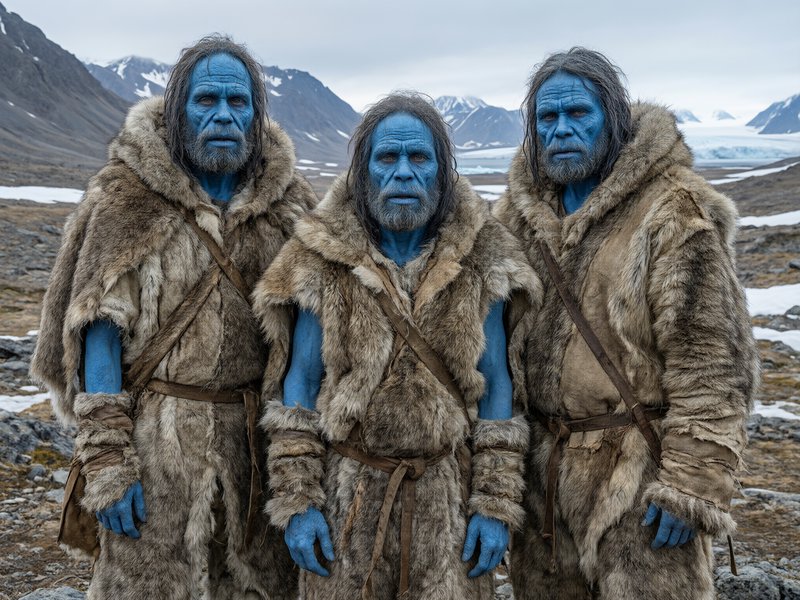 Three blue-skinned fur-clad ancient tribesmen stand in a rocky arctic mountain landscape.
