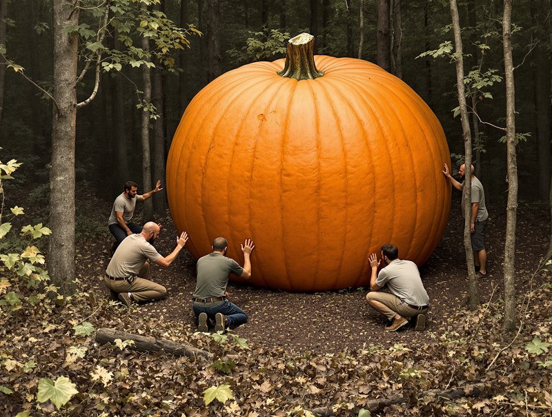 Five men gather around and touch an impossibly giant orange pumpkin in a dense autumn forest