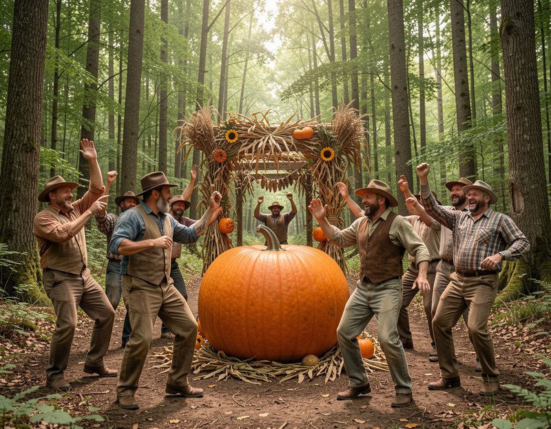 Cheering farmers celebrate a giant prize pumpkin at a rustic autumn harvest festival in a sunlit ...