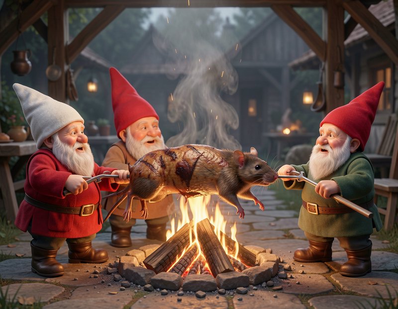Three cheerful garden gnomes roast a giant spitted rat over an open campfire in a rustic cottage ...