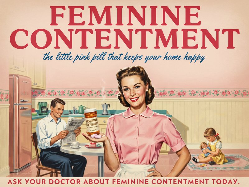 Satirical 1950s style advertisement for fictional Feminine Contentment pink pills set in a retro ...
