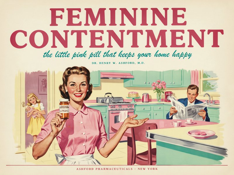 Satirical 1950s style advertisement showing a smiling housewife holding a pink pill bottle in a retro pastel kitchen