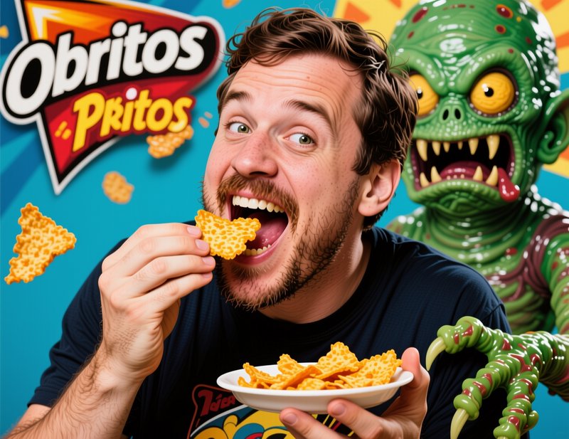 Wide-eyed bearded man eats crispy chips as a menacing green monster looms behind him near a parod...
