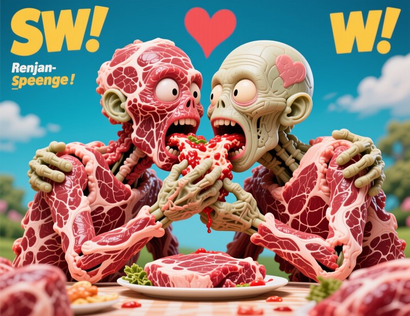 Two whimsical zombie characters share a heart-shaped raw meat treat at a sunny outdoor picnic