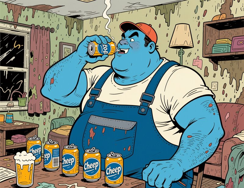 Large blue cartoon man in overalls drinks a canned beer in a messy dilapidated apartment