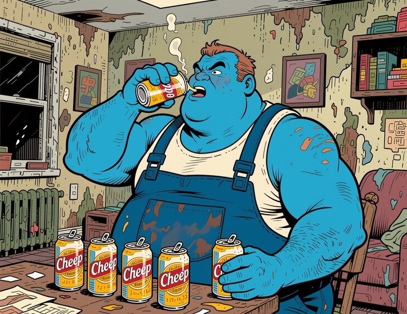 Large blue muscular cartoon man chugging beer from a can in a run-down peeling apartment