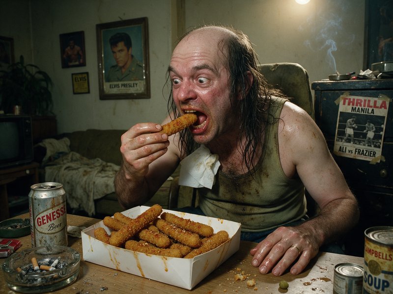 Sweaty disheveled middle aged man eats fried cheese sticks at a cluttered apartment table