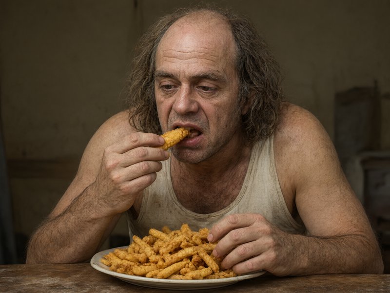 Middle aged man in a worn tank top eating crispy fried snacks from a heaping plate on a wooden table