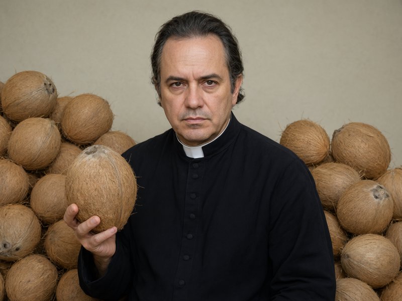 Serious priest in clerical clothing holds a whole husked coconut between stacks of coconuts