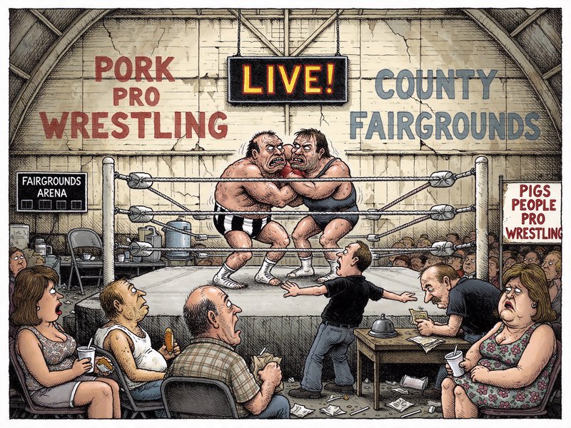 Furious wrestlers grapple in a ring as shocked ringside spectators watch a county fair Pork Pro W...