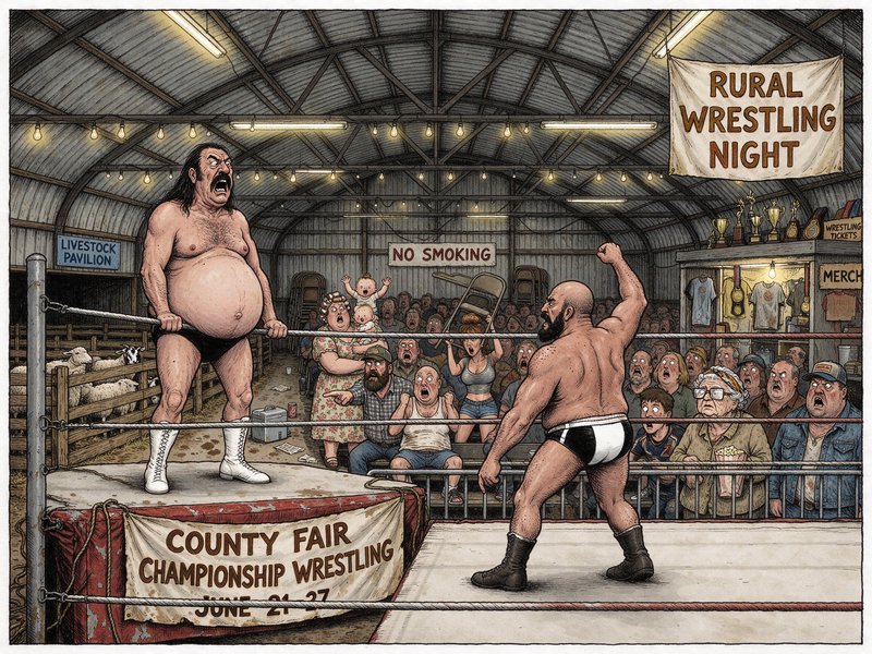 Two mismatched wrestlers face off in a county fair ring as a shocked crowd of fairgoers watches f...