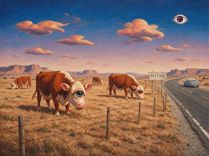 Surreal painting of one-eyed hereford cows grazing in a desert pasture, with a floating eye in th...