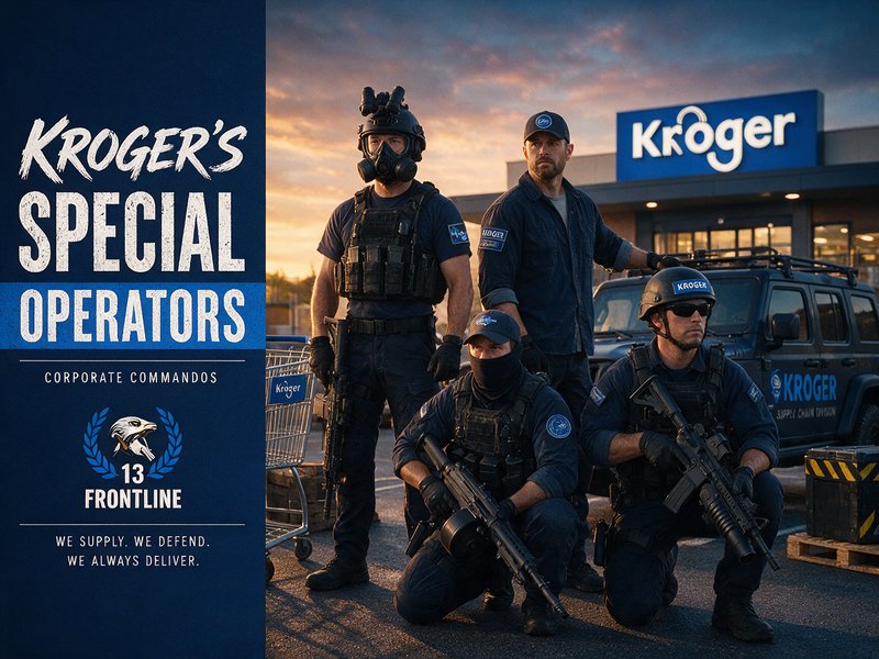 Satirical graphic of fictional tactical Kroger special operators posed outside a grocery store at sunset