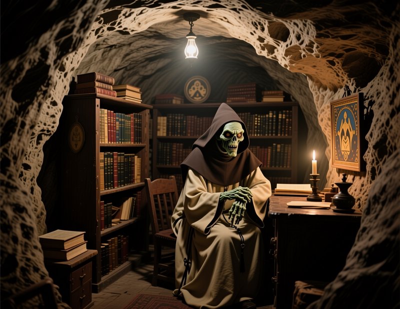 Hooded skeletal lich seated at a desk in a cobweb-draped underground cave library