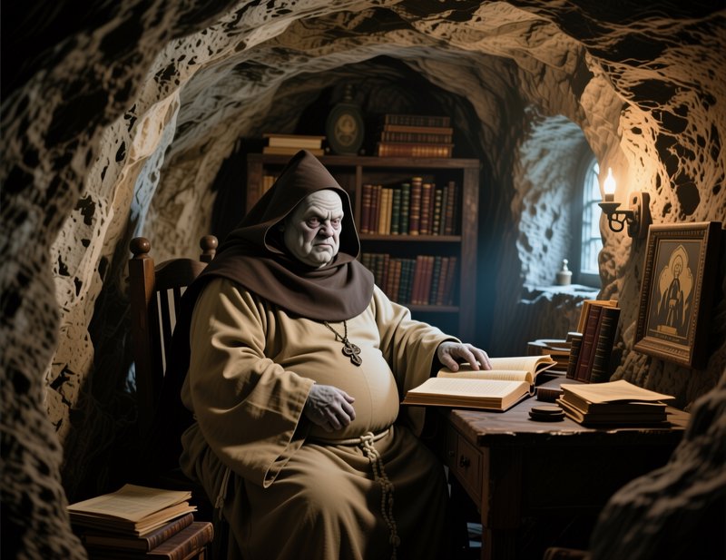 Hooded medieval monk sits at a wooden desk reading an open book inside a cozy rocky cave hermitag...