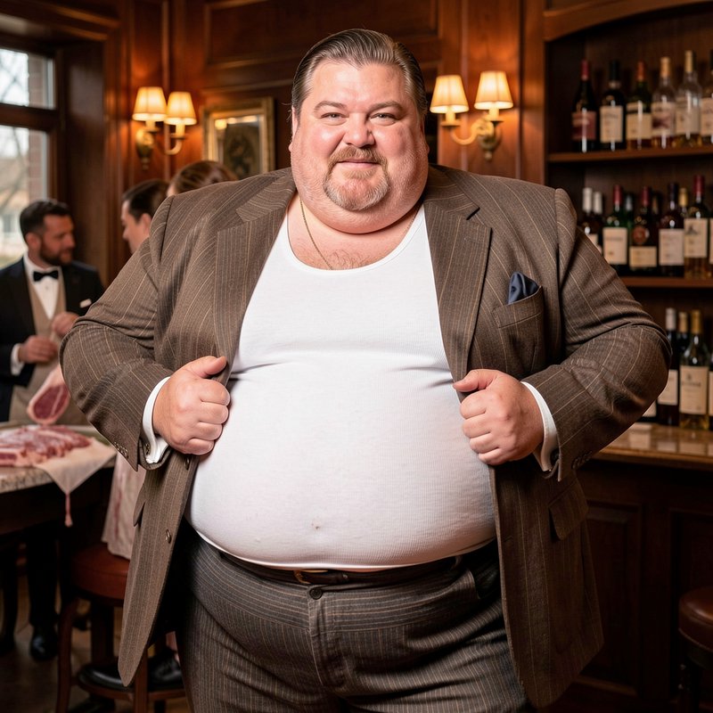 Heavyset cheerful man in an open pinstripe suit stands smiling inside a classic wood paneled bar