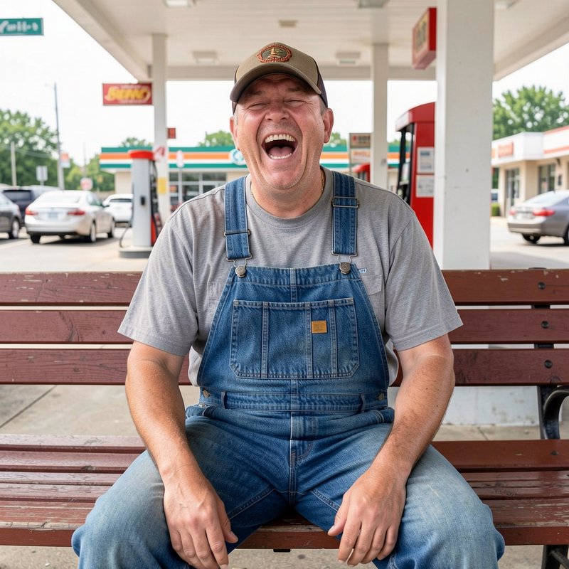 Laughing middle aged man in denim overalls sits on a bench at a roadside gas station