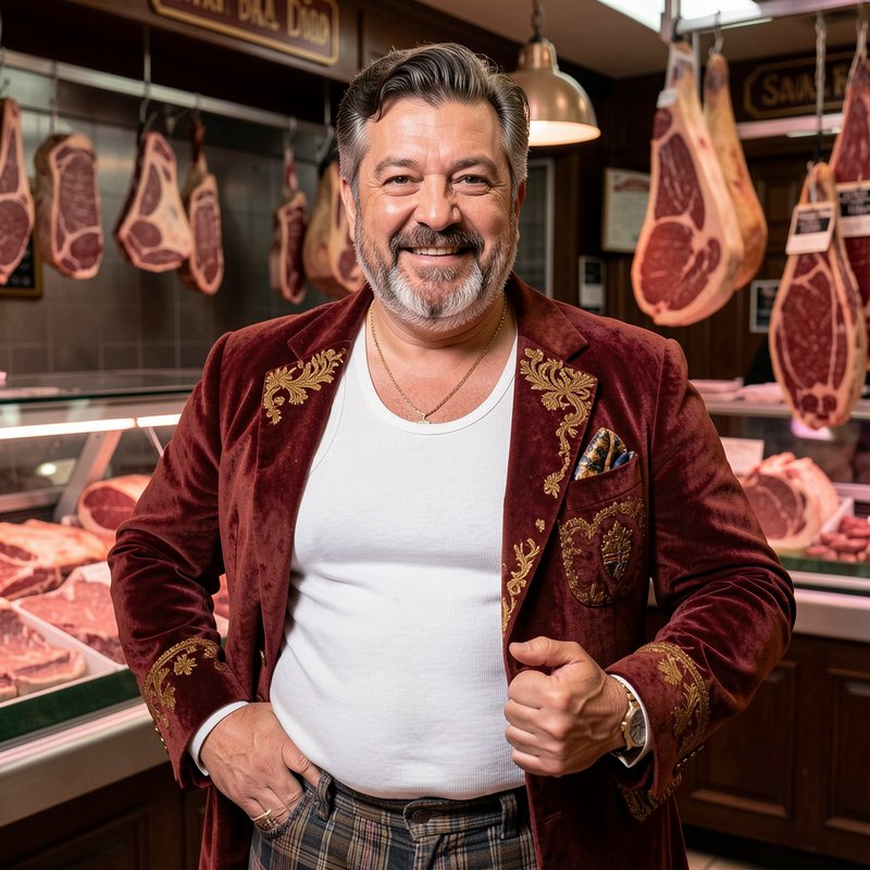 Smiling middle aged master butcher posing proudly in his traditional gourmet butcher shop surrounded by prime meat cuts