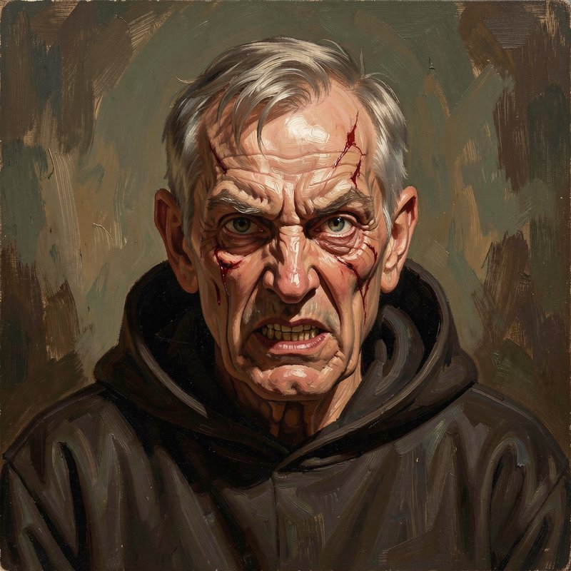 Close up oil portrait of an angry injured elderly man in a dark hooded robe with blood on his face