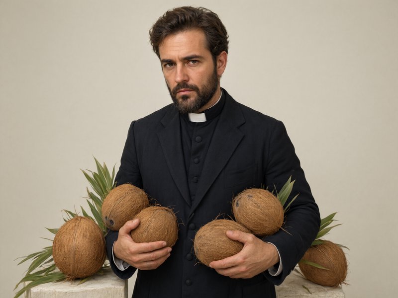 Bearded priest in clerical attire holding whole coconuts against a plain beige studio background