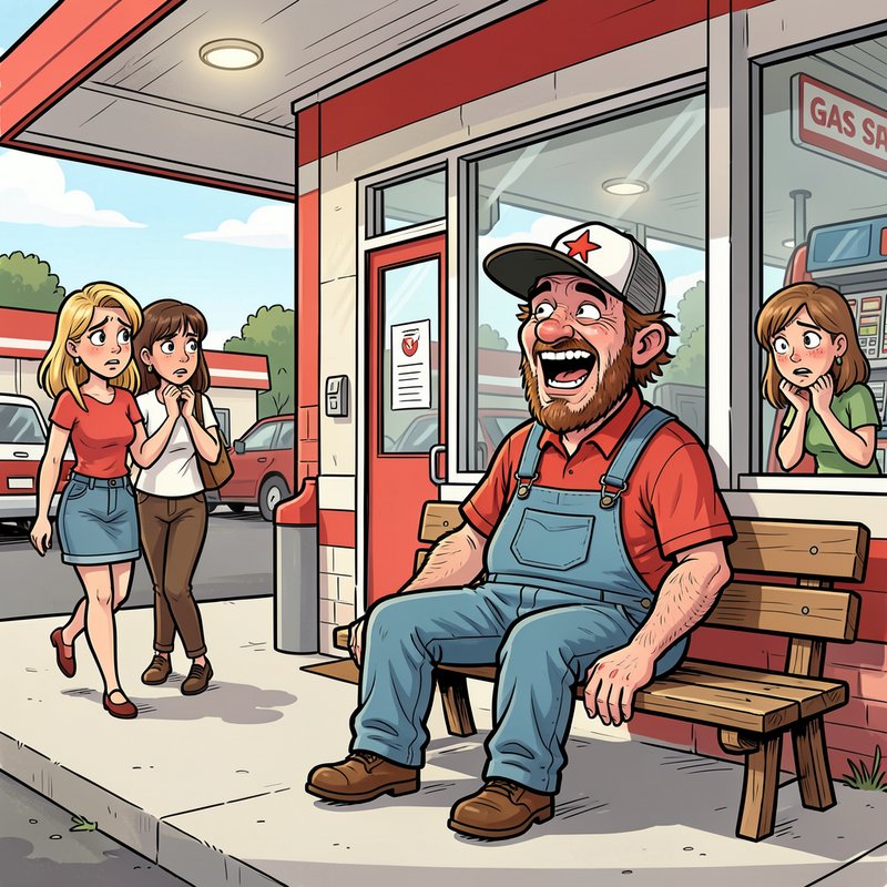 Grinning bearded man sits on a gas station bench while concerned women stare at him