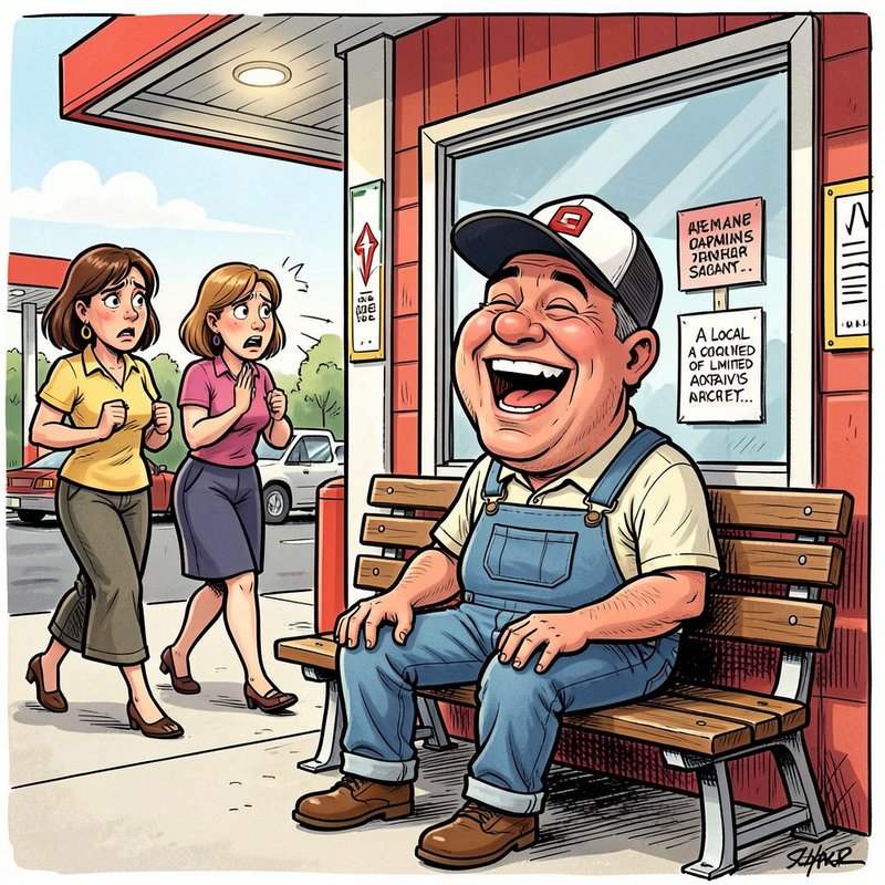 Laughing older man in overalls sits on a gas station bench as two concerned women react nearby