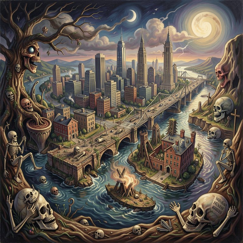 Surreal apocalyptic cityscape populated by skeletons and glowing skulls under a dual moon night sky