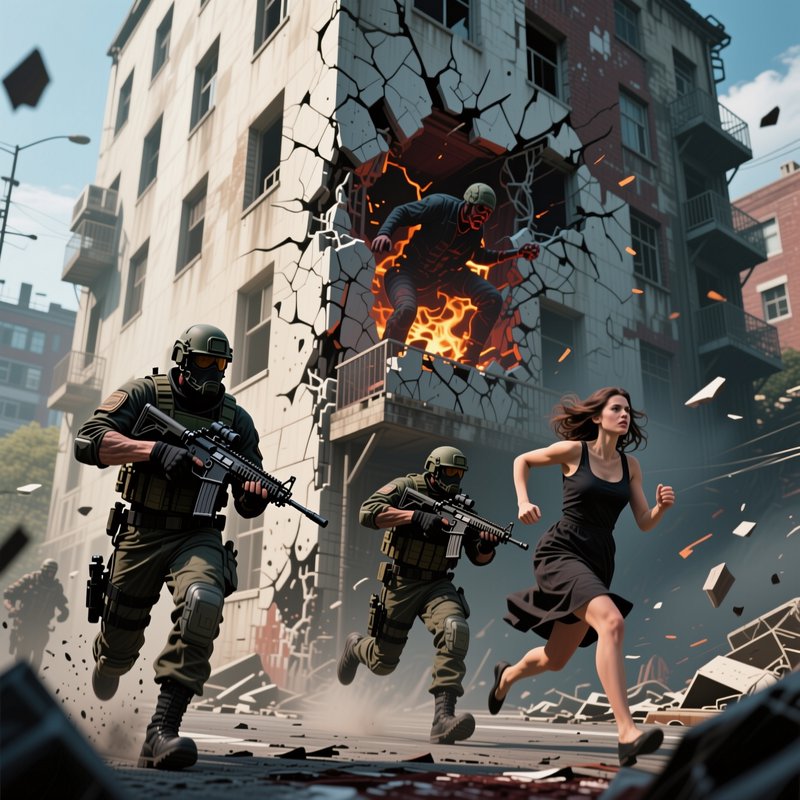 Armed soldiers and a fleeing civilian run from a fiery supernatural creature bursting through an ...