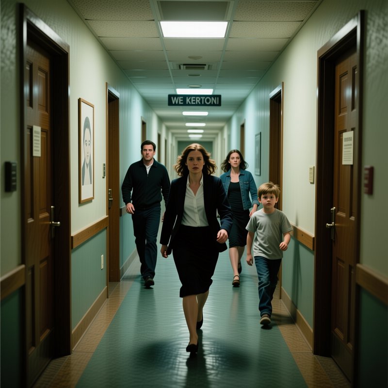 Four people walk purposefully toward the camera down a long narrow institutional hallway