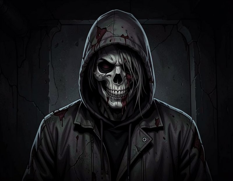Menacing hooded skeleton with blood drips stands in a dark crumbling concrete room.