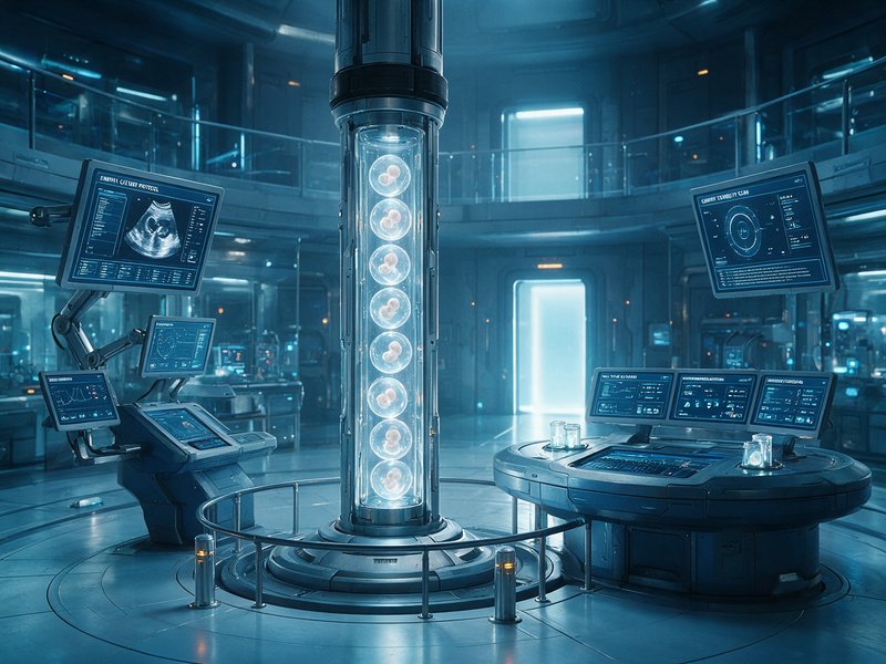 Futuristic sci-fi genetics lab with central incubation cylinder holding suspended embryonic specimens and glowing control
