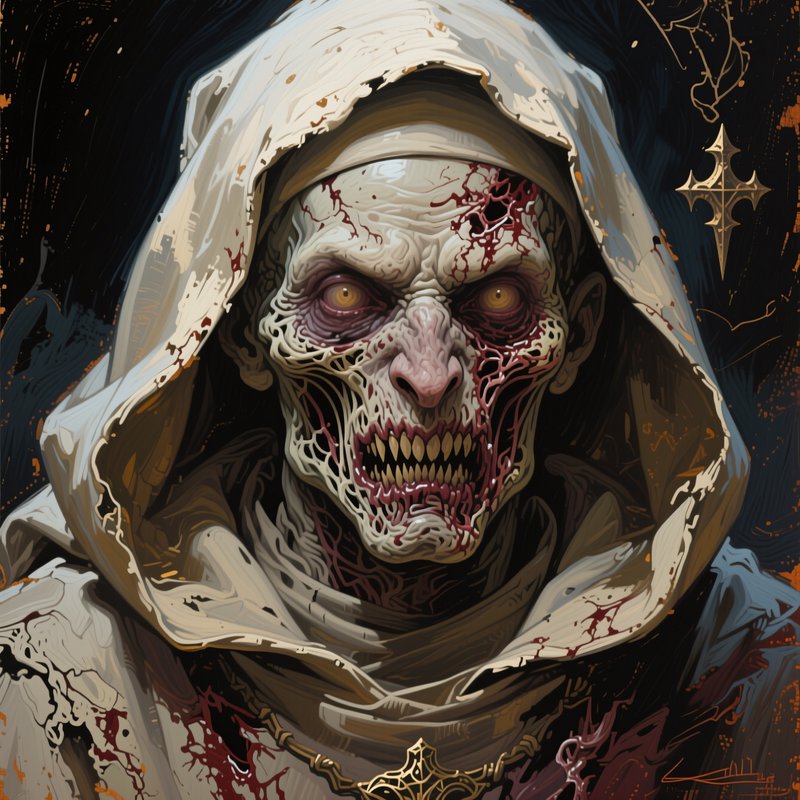 Menacing undead hooded lich with decayed flesh, glowing golden eyes, and tattered blood-streaked robes stares directly at