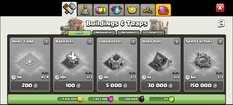 Clash of Clans in-game interface showing the Buildings & Traps army tab with structure build cost...