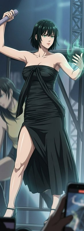 Fubuki from One Punch Man holds a microphone on a concert stage, green psychic energy glowing aro...