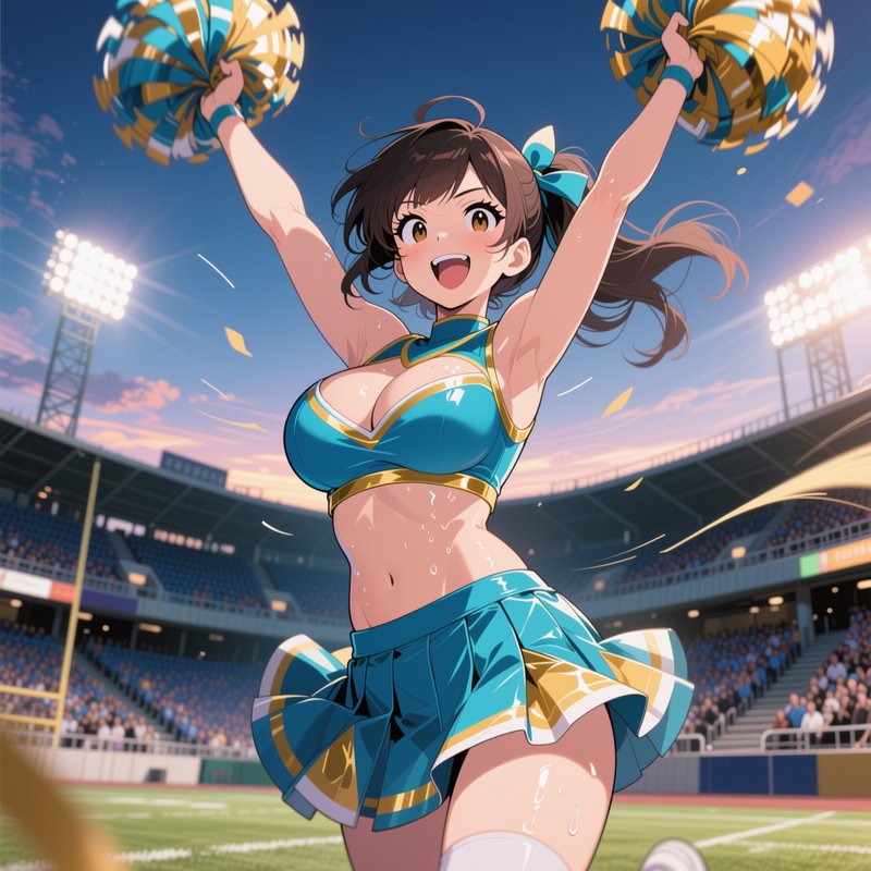 Smiling anime cheerleader holds pom poms aloft while cheering in a football stadium