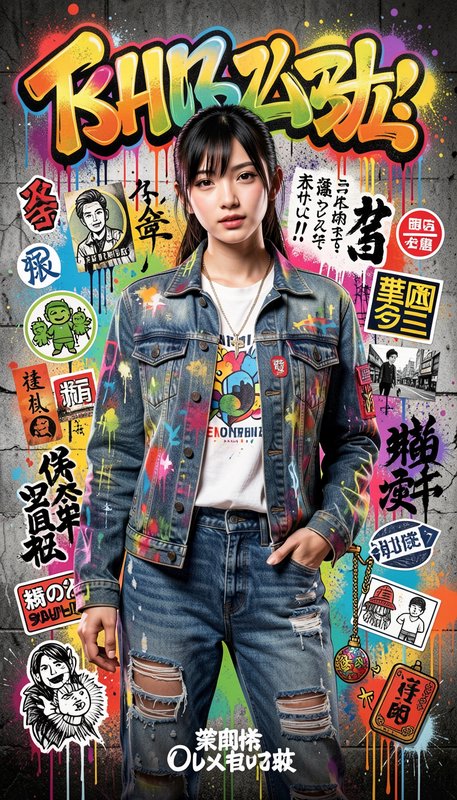 Young woman in painted streetwear denim stands against a vibrant graffiti-covered concrete wall