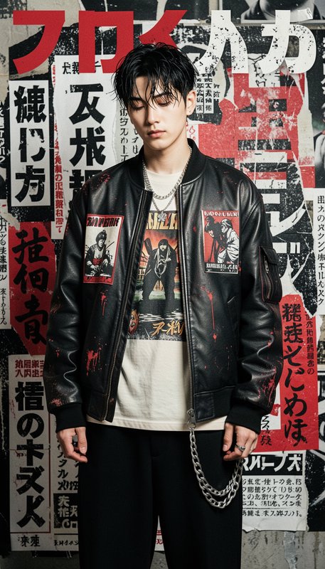 Young stylish man in edgy streetwear poses against a grungy Japanese poster collage wall
