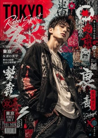 Edgy young man in streetwear poses on a grunge Tokyo themed magazine cover with graffiti calligra...