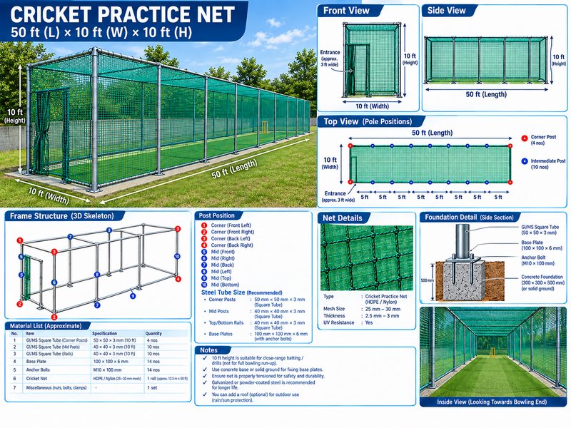 Technical specification infographic for a 50ft x 10ft x 10ft outdoor cricket practice batting net...
