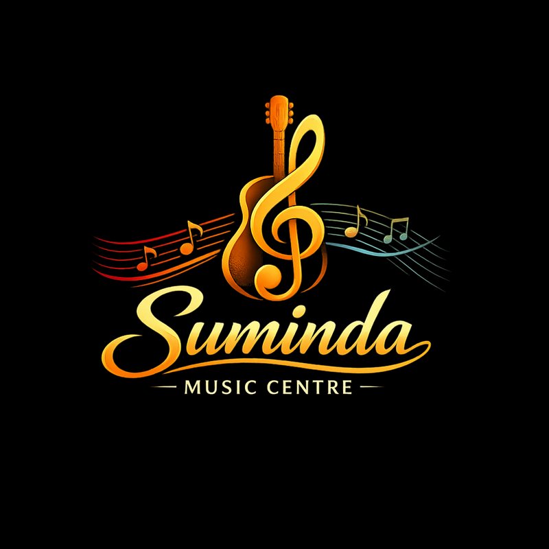 Suminda Music Centre logo combining an acoustic guitar, treble clef, and musical notation on a bl...