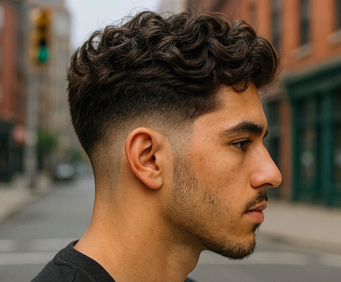 Side profile portrait of a man with a curly skin fade haircut on a downtown city street