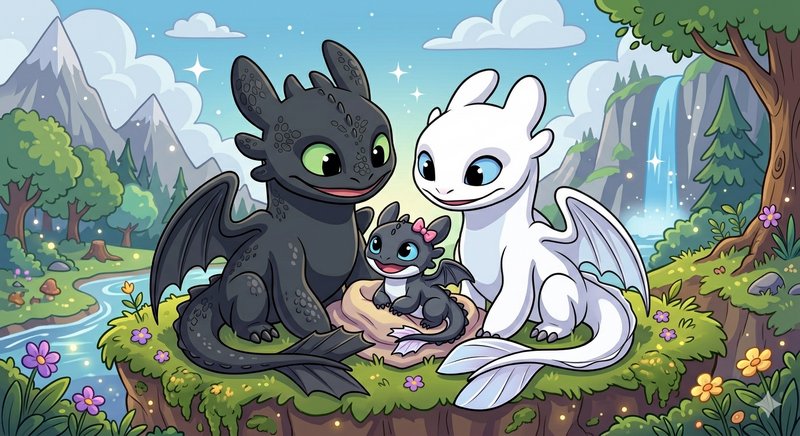Toothless, Light Fury, and their baby dragon sit together on a grassy cliff in a whimsical fantasy valley