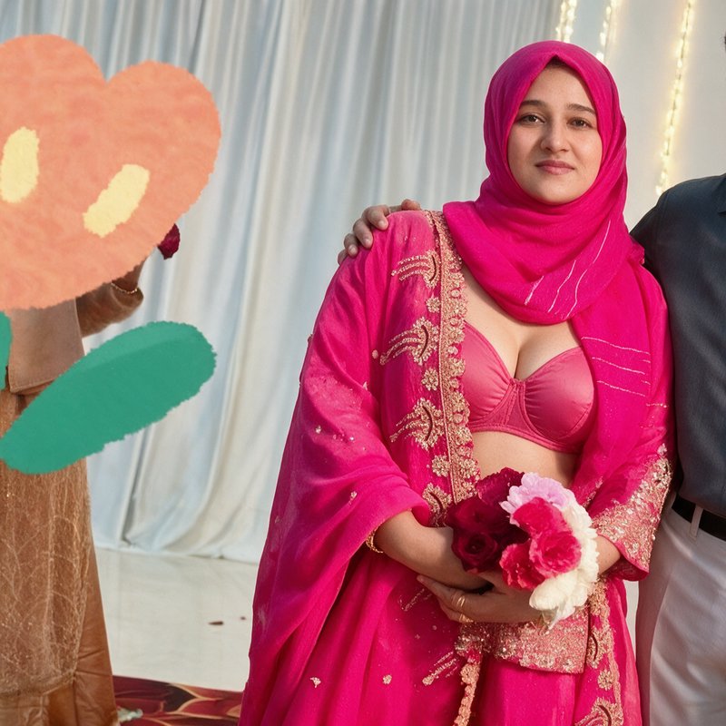 Woman in bright pink hijab and embroidered formal wear holds a flower bouquet at a festive indoor...