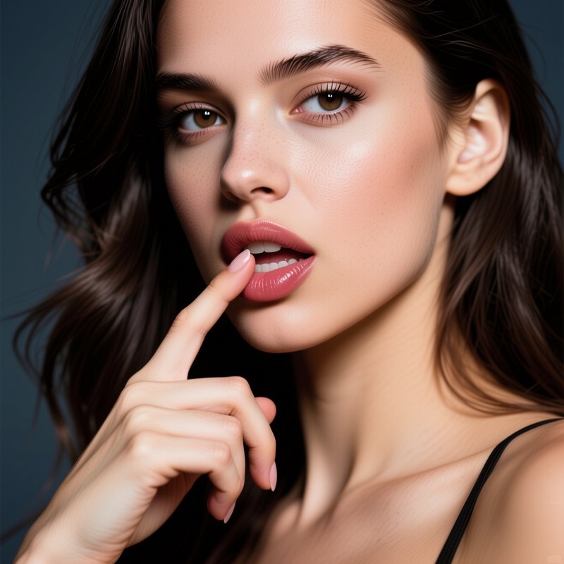 Close up beauty portrait of a young woman touching her glossy pink lips with one finger